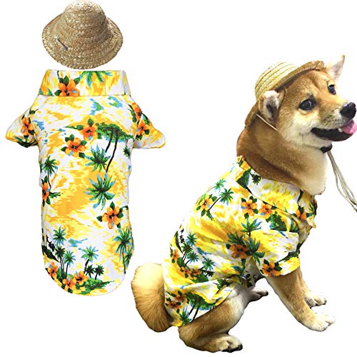 Hawaiian Pet Dog T-Shirt Summer Camp Clothes Apparel with Straw Hat for...