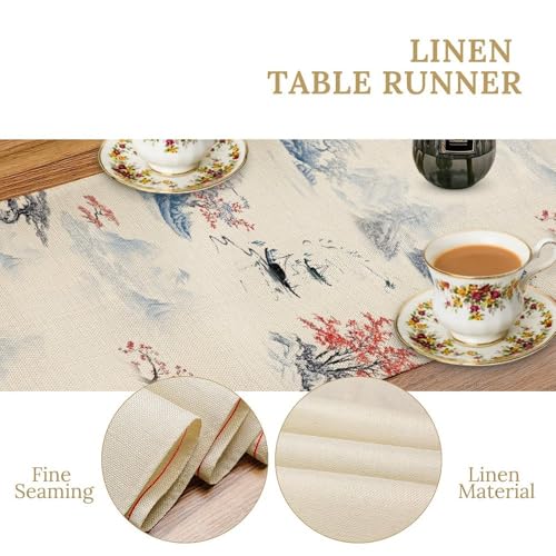 Image of Chinese Ink Mountain Table Runner,Zen Style Oriental Art Linen Table Decor with Blue Landscape & Red Trees for Buffet, Wedding Reception, Home Decor, Durable & Washable 13x90 Inch