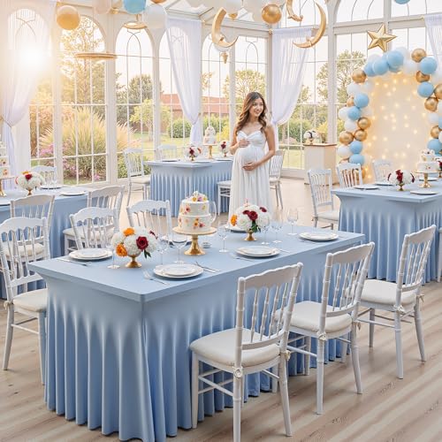 Image of Outpain Dusty Blue Spandex Table Clothes for 6 Foot Rectangle Tables-2Pack 6FT Spandex Fitted Table Cover, Wrinkle Free Tablecloths with Skirt for Parties, Wedding, Birthday, Banquet, Festival