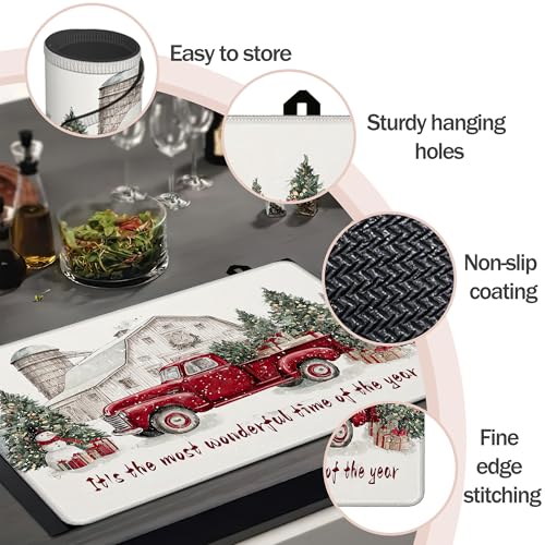 Image of Christmas Red Truck Stove Top Covers Pad 28 x 20 inches Dish Drying Mat Coffee Bar Mats Kitchen Decor Absorbent Pad Fit Coffee Maker Machine Dish Drying