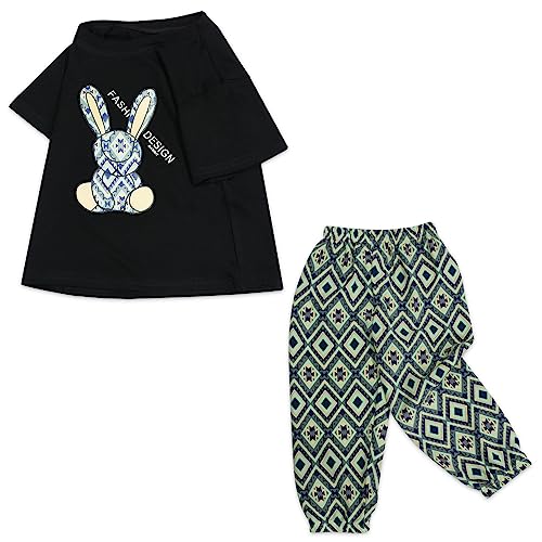 Toddler Girls Boys Summer Clothes, 2 Pcs Baby Clothing Set with Cute Rabbit Pattern T-Shirt and Pants Set, Toddler Outfits (Black, 4T)