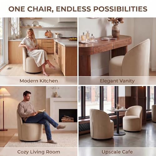 Image of HNY Upholstered Kitchen & Dining Room Barrel Chairs Set of 4, Mid Century Modern Round Velvet Dining Chairs, 360 Degree Swivel Comfy Armless Accent Makeup Vanity Side Chairs for Living Room, Khaki