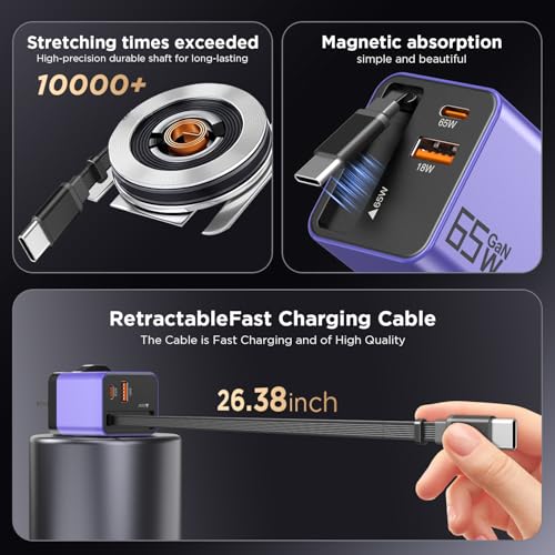 YISHIFD USB C Charger 65W GaN 3-Port Fast Charging Plug Built-in Retractable Cable (0.7m), Compatible with MacBook Pro/Air, iPhone 17 Pro/Air/16/15, iPad, Galaxy S25/S24, Steam Deck, etc - Image 3