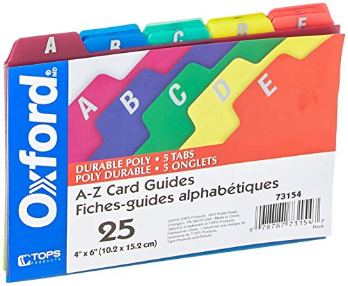 Oxford Poly Index Card Guides, Alphabetical, A-Z, Assorted Colors, 4