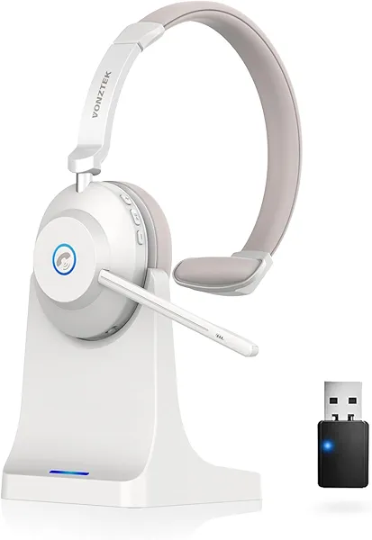 Wireless Headset with Mic for Work, Bluetooth Headset Mic Mute & USB Dongle, 45H+ Wireless Headphones with Microphone Noise Canceling & Charging Dock for Work/Office/PC/Meeting/MS Teams
