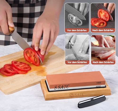 S SATC Schleifstein Messer Körnung 1000/6000 Wetzstein Professionell Schärfstein 4-IN-1 Messerschärfer Abziehstein Sharpening Stone mit Rutschfeste Bambusbasis und Winkelführung