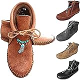 Cowhide Leather Flat Heel Boots, Winter Comfy Round Toe Roman Lace Up Flat Short Boots, Women...