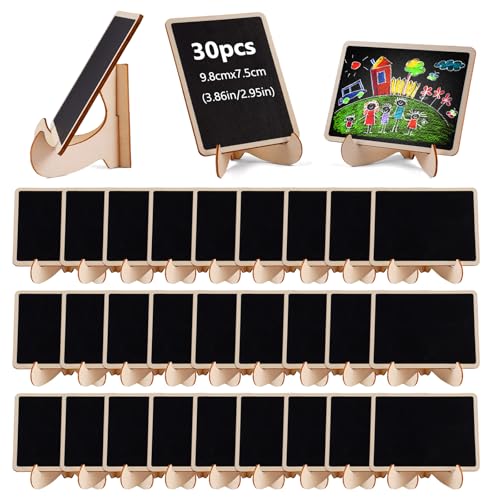 30 Pièces Mini Tableaux Noirs Sur Chevalets en Bois, 9,8×7,5cm Mini Ardoise Bois avec Support, éTiquette avec Support Buffet, Petits Tableau pour Tarif pour...