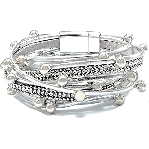 Chamqueen Multilayer Leather Bracelet Magnetic Buckle Wrap Bangle for Women Silver Cover