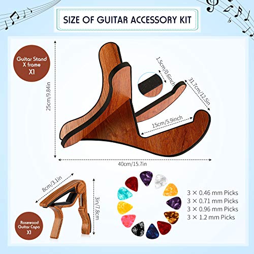 Wooden Guitar Stand with RoseWood Guitar Capo and Guitar Picks, X-Frame Style Portable String Instrument Holder with Soft Edge for Universal Acoustic Electric Classical Guitar Bass Banjo
