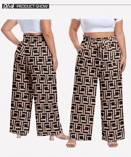 Image of OLRIK Women's Plus Size Pants Adjustable High Waisted Wide Leg Palazzo Pants Casual Trousers with Pockets Spring Clothes