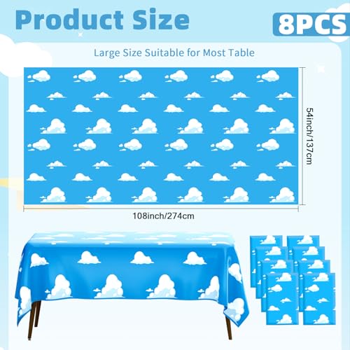 Image of 8 PCS Blue Sky and White Clouds Party Tablecloth, Cartoon Story Tablecloth, Disposable Plastic Rectangle Cartoon Table Cover for Boys Girls Baby Shower Picnic Birthday Party Decorations, 54x108 Inch