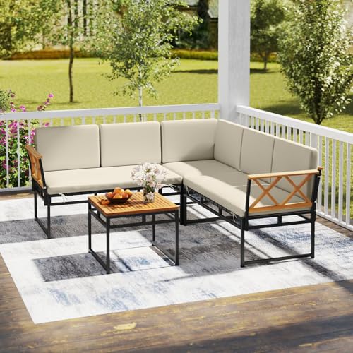 GOPLUS Salon de Jardin en Bois d'Acacia et Métal, 4 Pcs Canapé d'angle en L Balcon,avec Coussins et Dossier, Table Basse Jardin (Blanc,4Pcs|Canapé 2 Places*2+Angle*1)