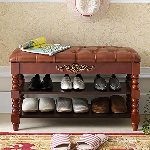 Banc à chaussures en bois massif et cuir PU de qualité supérieure rustique - 5