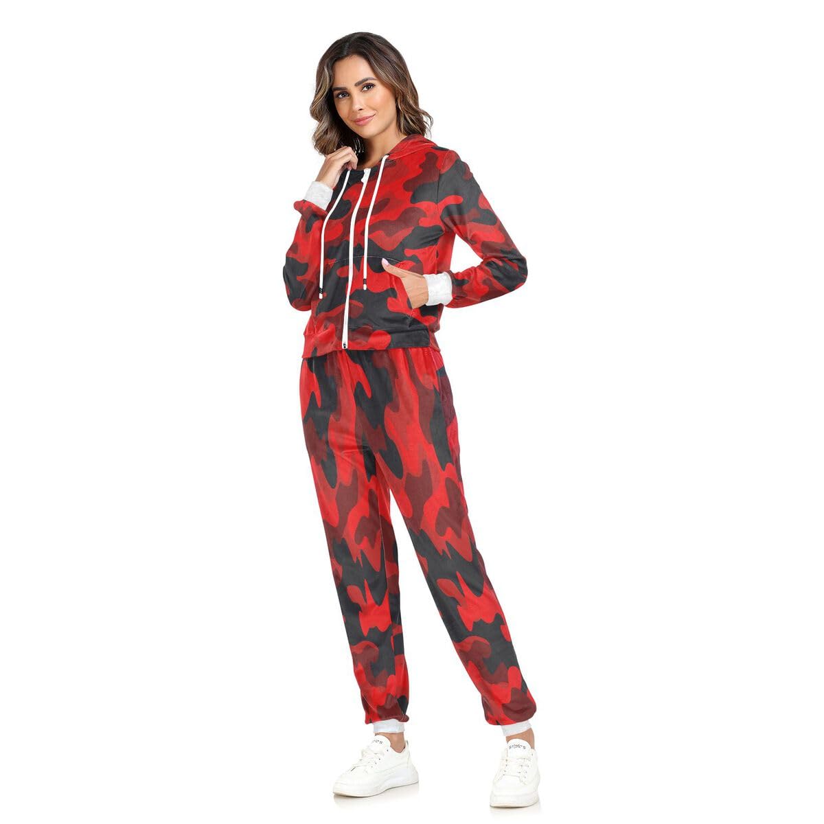 Conjunto deportivo de 2 piezas para mujer, diseño de camuflaje militar rojo, manga larga, conjunto deportivo de camuflaje