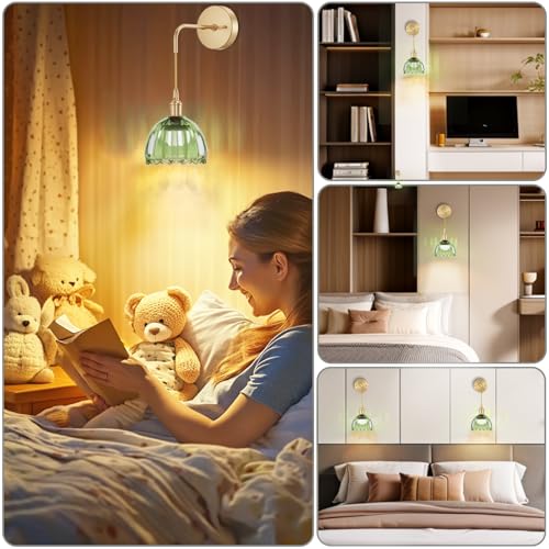 Image of Battery Operated Wall Sconces CCT Dimmable Wireless Sconces Set of 2, Vintage Light Fixture with Green Tulip Glass Lampshade Wall Decor Set of 2 for Living Room Bedroom Bedside Bathroom