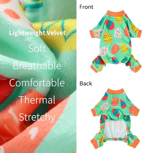 Image of Fitwarm Easter Egg Dog Pajamas, Holiday Dog Clothes for Small Dogs Girl Boy, Pet Easter Outfit, Puppy Cat Onesie, Lightweight Velvet, Light Green, Orange, Medium