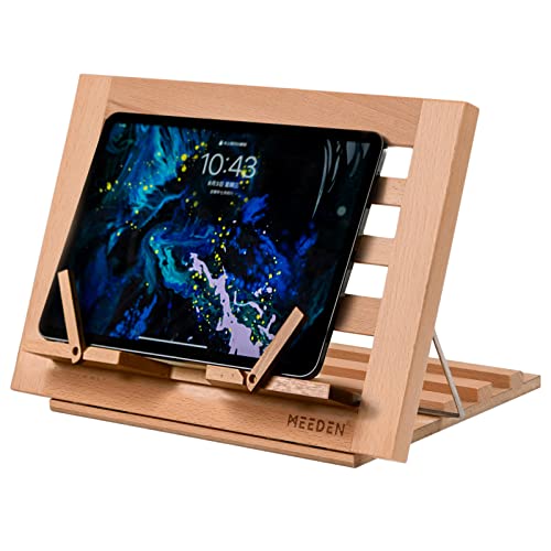 MEEDEN Book Stand with Page Holder Clips, Cookbook Holders for Reading Hands Free, Adjustable Foldable Solid Beechwood MacBook Stand for Laptop Textbook Bible File Documents - 34 x 24 cm - Image 3