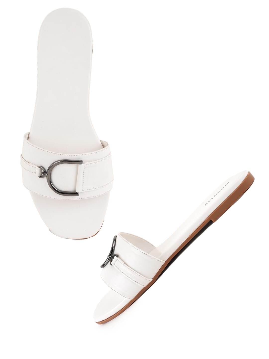 White Mini Buckle Casual Flats - Loafer Accent Slip-Ons-image-35