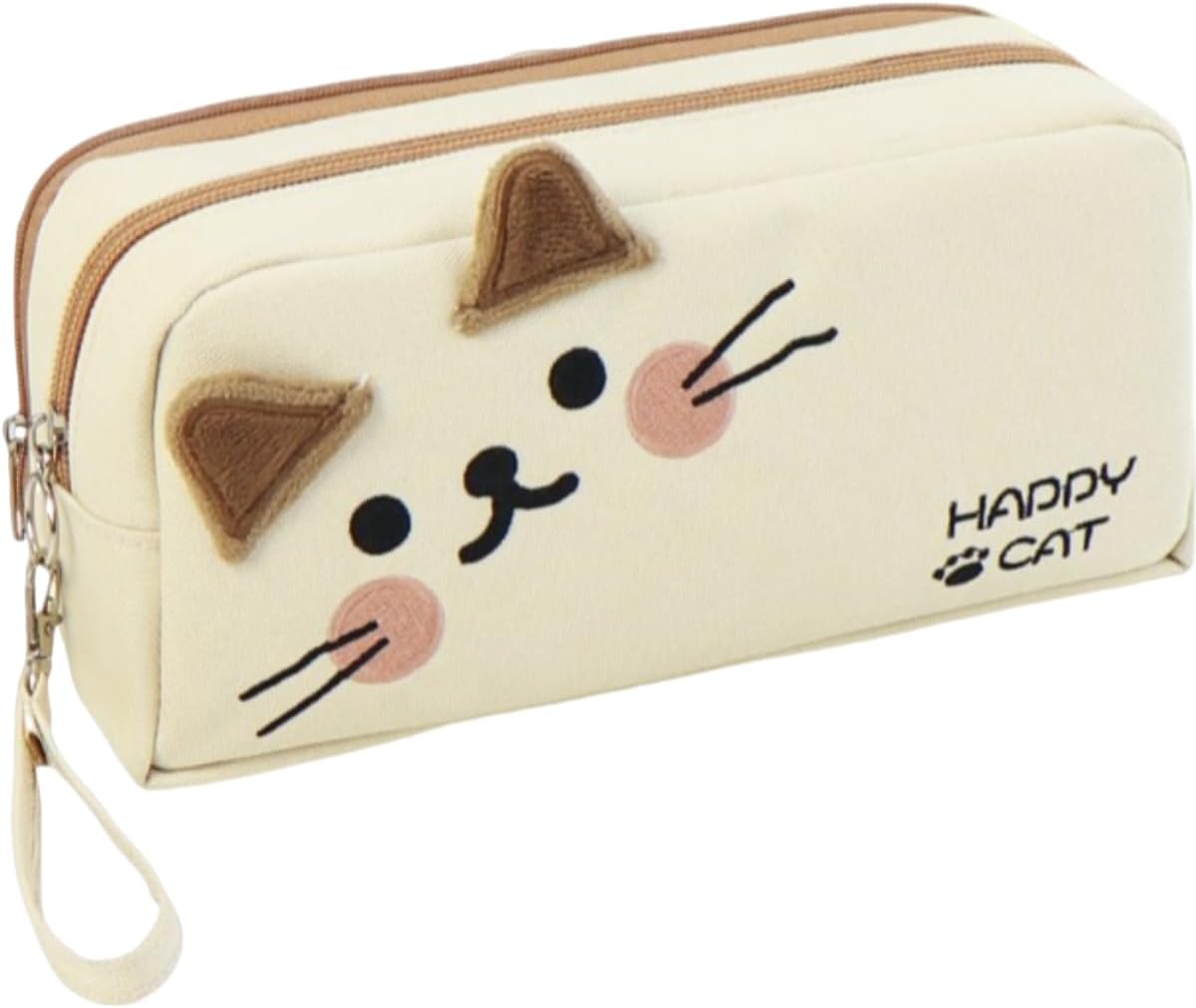Doubel Layer Large Capacity Pencil Case with Embroidered Cats Grid Compartment of Pen Slots in Black & White Pen Holders Pen Pouch (Beige Cat with 3 Layers)