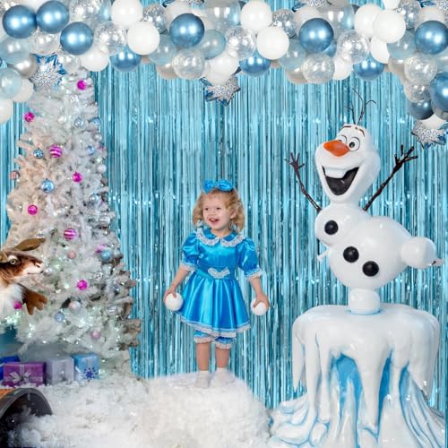 Image of Light Blue Tinsel Backdrop Curtains - Thicken 2 Pack 3.2 x 8.2 FT - Blue Streamers for Birthday, Frozen, Under the Sea, Pool, Beach, Ocean Themed Party Decorations