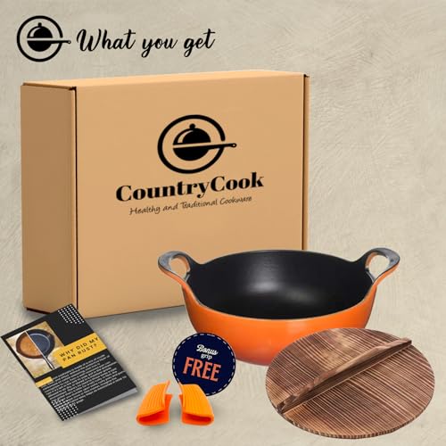 Image of Enamel Coated 24cms Cast Iron Pan with Wooden Lid Induction Friendly Heavy Duty Cookware