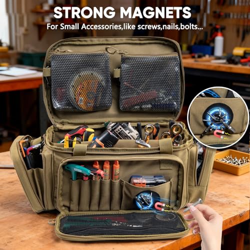 Image of Heavy Duty Tool Bag Organizer with Strong Magnets & Detachable Pouches, Tactical Tool Tote for Men, Multiple Pockets, Anti-Friction Bottom Utility Tool's Bag for Electrician,Mechanic