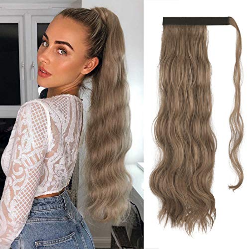 FESHFEN Long Wavy Ponytail Extensions Body Wave Wrap Around Hair Ponytails Curly Pony Tails Clip in Synthetic Hairpieces for Women Girls, 24 inch