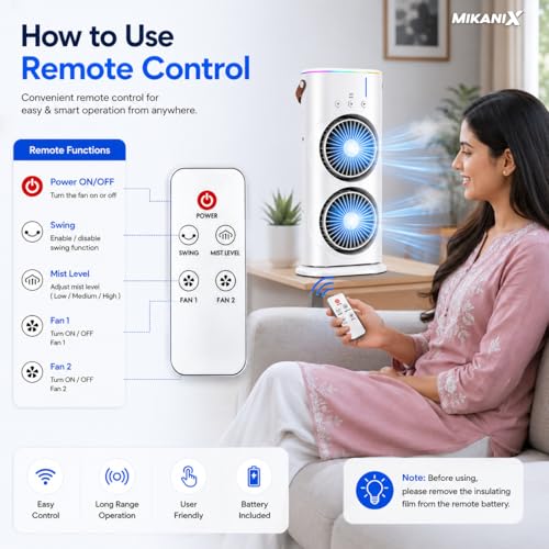 Image of MIKANIX Dual Fan Air Cooler with Mist Spray | Portable Cooling Fan, 90 Oscillation, Remote Control, RGB Ambient Lighting | USB Powred for Home, Office & Bedroom, 5 Years Warranty