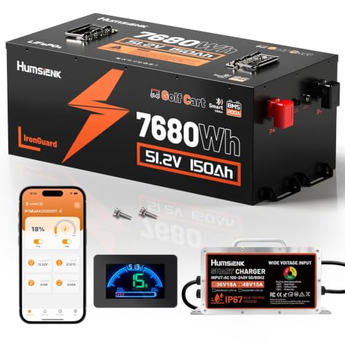 Image of HumsiENK 48V 150Ah Golf Cart Battery with Charger, 7.68kWh Extended Range Lithium Battery, 200A BMS, EV Blade Cells, Bluetooth, IronGuard Casing for Lifted Carts, EZGO, Club Car