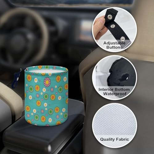 Image of Hippie Flower Cute Print Car Trash Can Reusable Foldable Hanging Portable Dustbin Bin Waste Basket Car Accessories Interior for Car SUV Trucks Universal