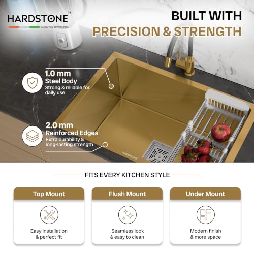 Image of HARDSTONE Premium Kitchen Sink | Single Bowl 24x18x9 Inch | Handmade Heavy Duty Stainless Steel Wash Basin with Matte Gold Finish | Includes Waste Hose Pipe, Coupling & Compact Drying Rack | Gold