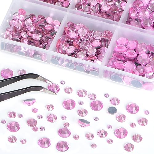 Image of Bymitel Hotfix Crystal Rhinestones Round Gems for Crafts,Mixed 6 Sizes with Wax Pencil Kit, Lt. Rose 1.6-6.3mm SS4-SS30 /8000pcs