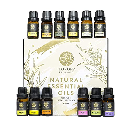 Florona Essential Oil Gift Set of 12-4 fl oz (10 ml x 12) for Diffuser Soap & Candle Making - Lavender, Orange, Tea Tree, Jasmine, Lemongrass, Roseâ¦)
