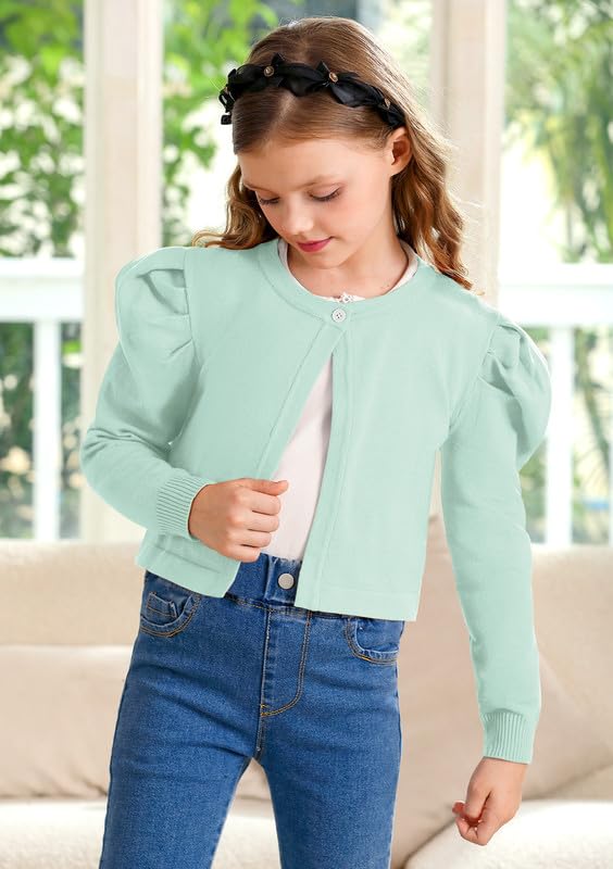 Girls Puff Long Sleeve Open Front Knit Cardigan Solid Round Neck Bolero Shrug Sweater Size 5-14 Years4