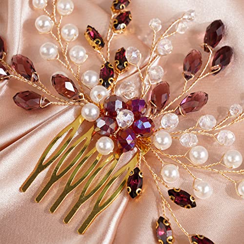 Peine para cabello con cristales y perlas color vino tinto miniatura 4