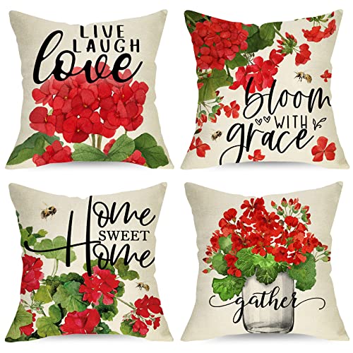 Red Geranium Flower Throw Pillow Covers Set of 4 - 56% Off