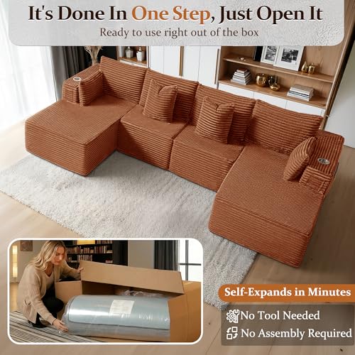 Image of 138 inch Cloud Sectional Couch, Comfort U Shaped Sofa for Living Room, Extra Deep Seats No Assembly, Minimalist Modular Couch, Corduroy (Deep Orange, 6 Seats,U-Shape C)