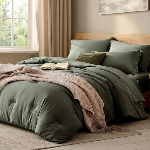 WRENSONGE Queen Comforter Set- 7 Pieces Soft Olive Green Bed in a Bag with Fitted Sheet, Flat Sheet, 2 Pillow Shams, and 2 Pillowcases- Warm Bedding Sets Queen for All Season