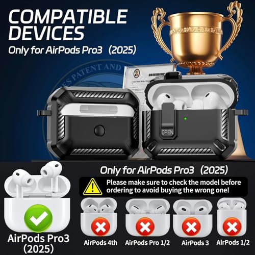 Image of Meyaar for AirPods Pro 3 Case, Clear Magnetic Automatic Lock Cases with Phone Stand with Keychain Case for Airpod Pro 3 for Men & Women (Carbon Fiber Black)