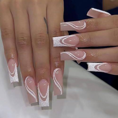 Uñas postizas a presión con punta francesa de ataúd medianas, uñas postizas con purpurina, reutilizables, de ajuste natural, pegamento de manicura