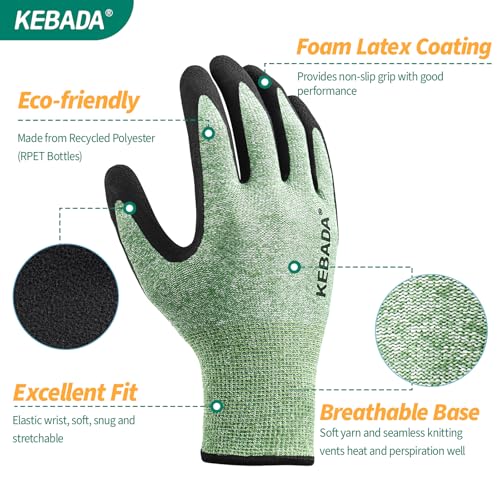 Image of Kebada Gardening Gloves for Men, Foam Latex Coated, Green & Gray, 6 Pairs
