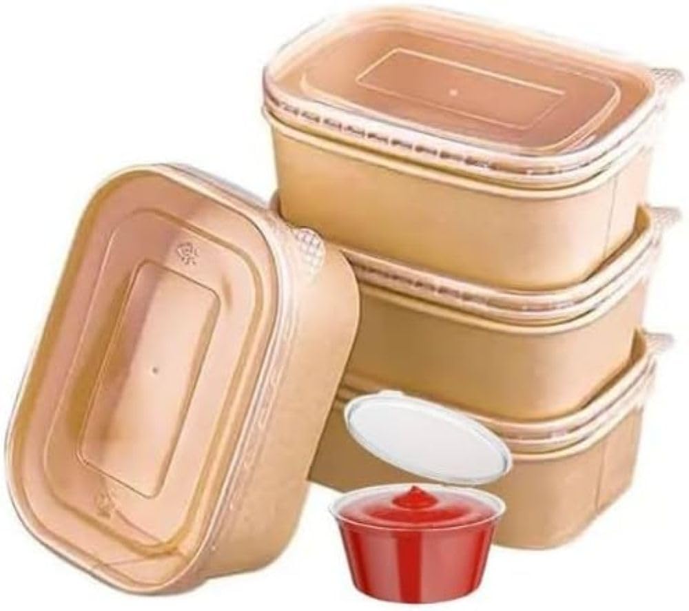 HOT BARGAINS 50 X 750ml Disposable Food Containers Kraft With Reusable Plastic Lids + 50 X 2oz Hinged Lids Sauce Pots Takeaway (750ml)