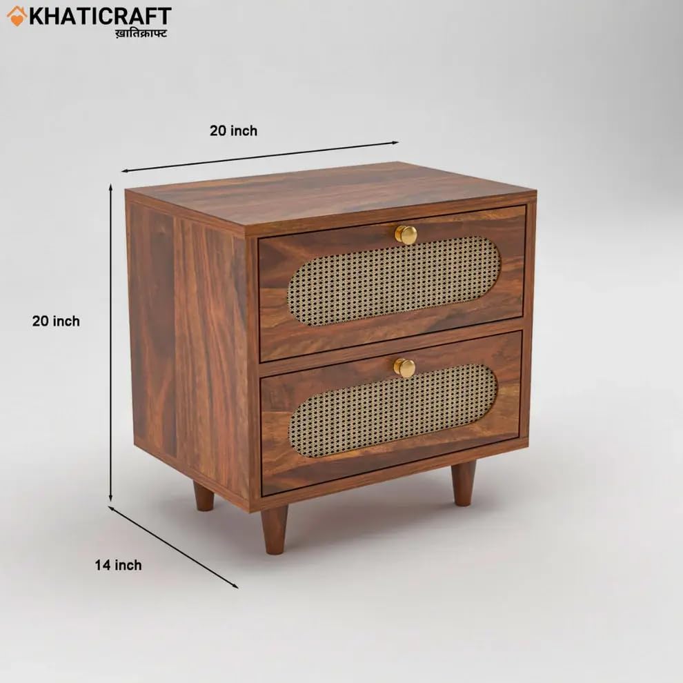 Image of Solid Sheesham Wood Rukm Bedside Table with 2 Storage Drawer | Wooden Bedside End Tables, Bed Side Nightstand Lamp Table for Room Furniture, Bedroom, Home & Hotels (Honey Finish)