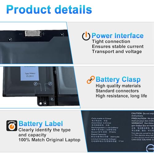 Image of 63Wh 7FMXV Laptop Battery Replacement for Dell Latitude 7320 7420 7520 5320 5320 2-in-1 /7320 2-in-1 /7420 2-in-1 Series TN2GY 0TN2GY 9JM71 4M1JN 1PP63 727CG HDGJ8 MHR4G CN-0727CG CN-0TN2GY