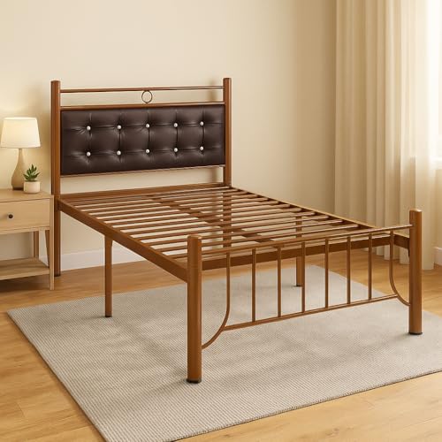 Image of Zuno Metal Extra Single Size Bed Without Storage | Wrought Iron Single Bed with Headboard & Footboard| Sturdy Powder Coated Platform Cot for Bedroom (Zuno Brown)