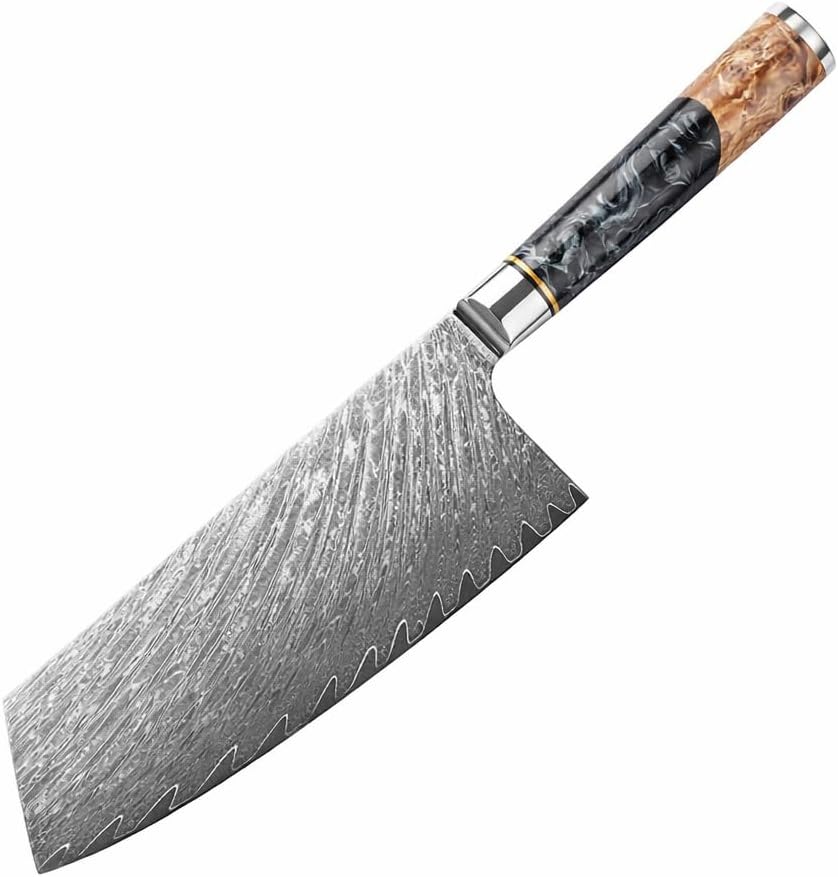 Epicurean Cook 7 Inch Damascus Cleaver Knife VG10 High Carbon Steel, 67 Layer Chinese Style Meat & Vegetable Cleaver, Professional Kitchen Knife, Black Resin Burl Wood Handle