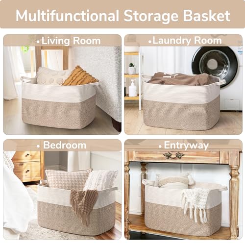 Extra Large Storage Basket, Laundry Basket, Rectangle Cotton Rope Woven Baskets for Toys, Blankets, Towels, 60 x 40 x 35 cm, 85 L, Brown - Cosy Home Interiors Extra Large Storage Basket, Laundry Basket, Rectangle Cotton Rope Woven Baskets for Toys, Blankets, Towels, 60 x 40 x 35 cm, 85 L, Brown - Image 6