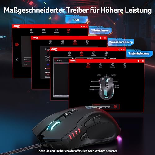 acer Gaming Maus mit Kabel 12800 DPI, Wired Computer Mouse Gaming mit Treiber, 1000Hz Abfragerate und 8 Programmierbare Tasten, Schnellfeuertaste und RGB-Leuchten, PC Maus Gaming Ideal für PC/Laptop