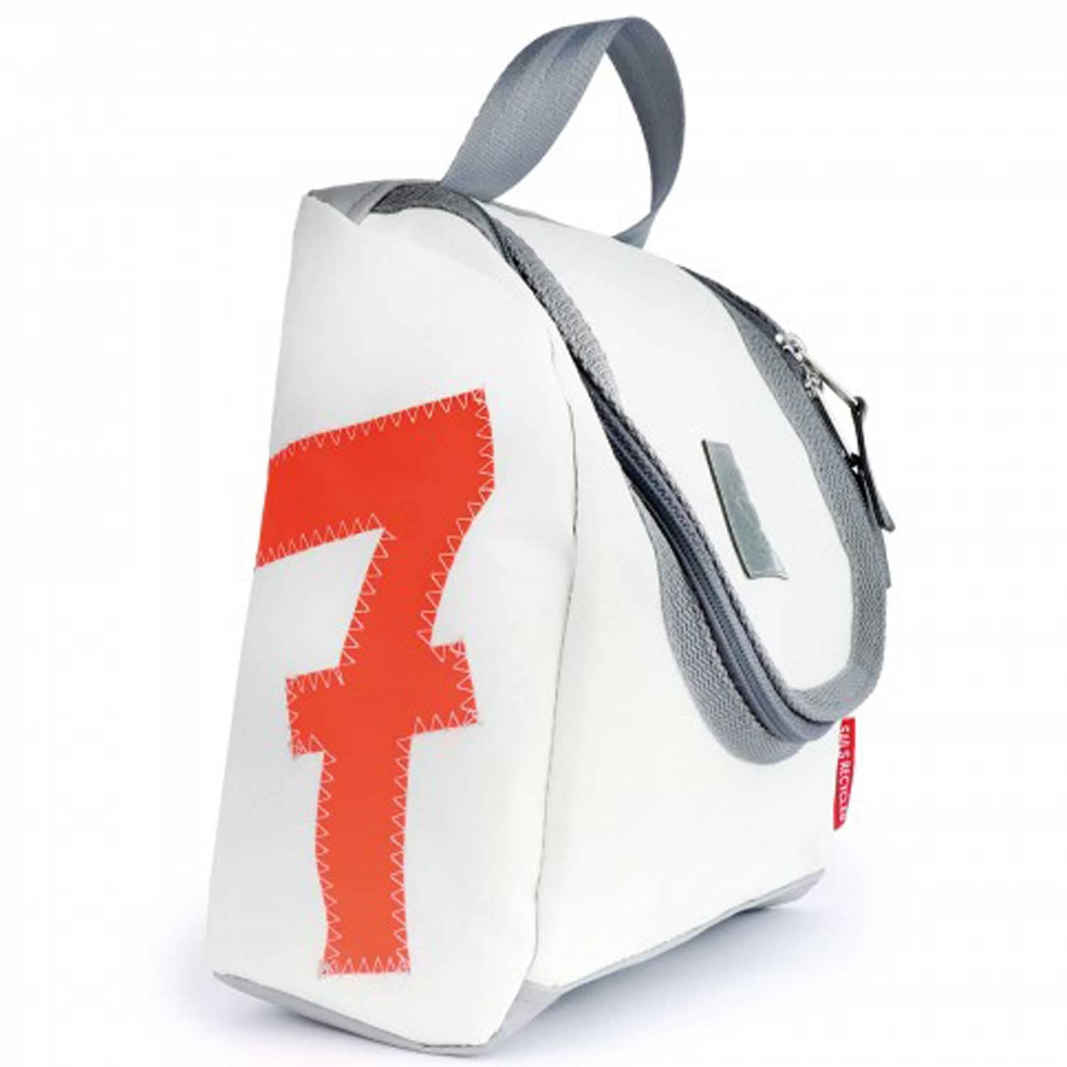 360 Grad Kulturtasche, Waschbeutel, Matrose XL aus Segeltuch, weiß, Zahl neon orange, Gurt dunkelgrau